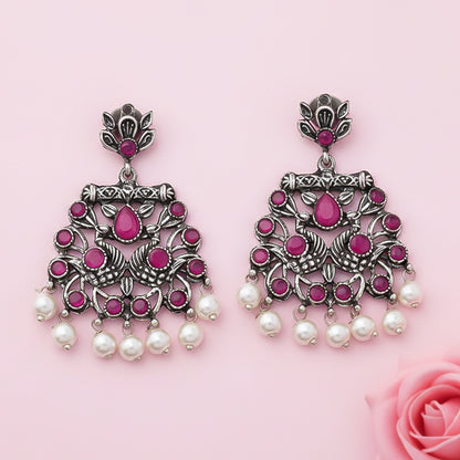 Peacock glow stone studded dangler earrings (Red)
