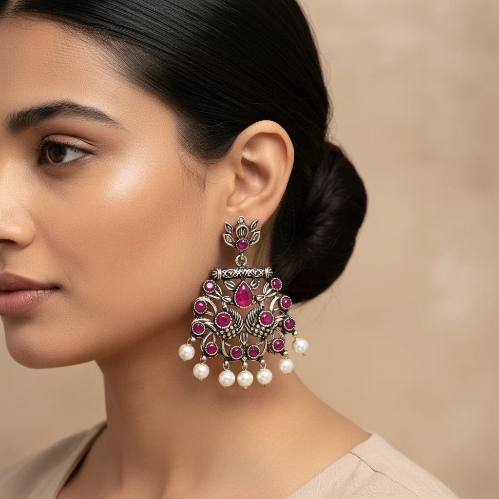 Peacock glow stone studded dangler earrings (Red) Dazzle Dash Jhumki earring (Sky Blue) Combo set