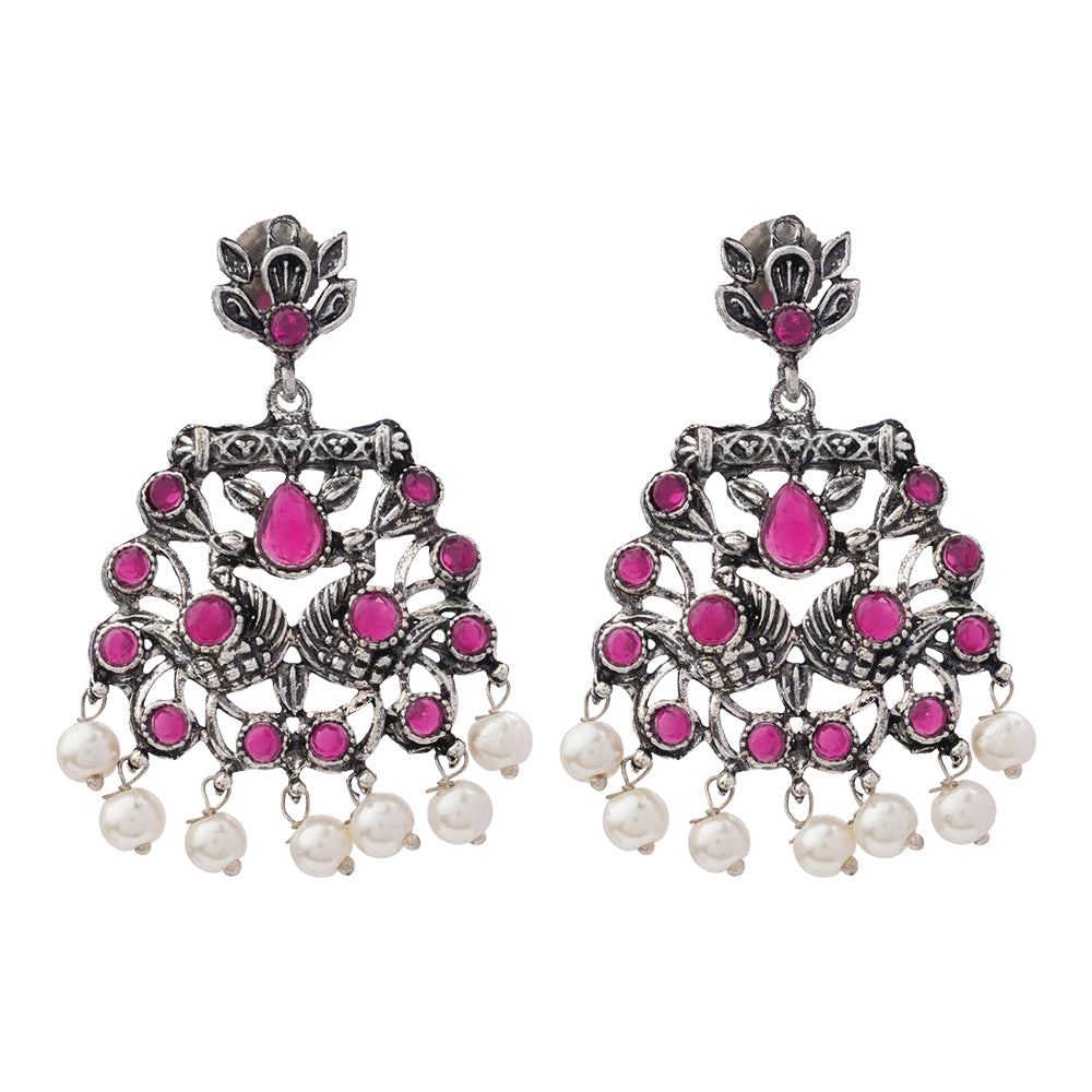 Peacock glow stone studded dangler earrings (Red)