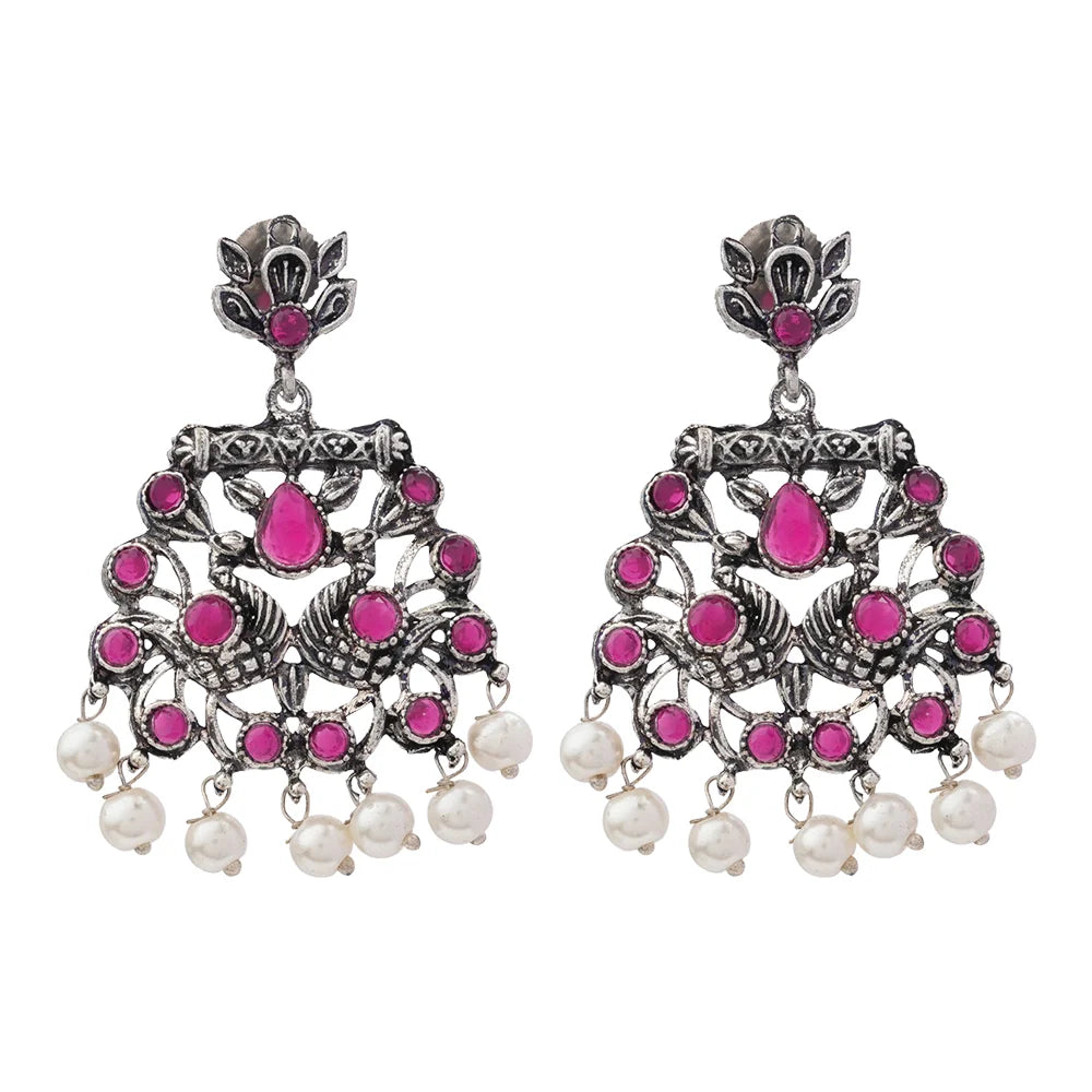 Peacock glow stone studded dangler earrings (Red) Dazzle Dash Jhumki earring (Sky Blue) Combo set