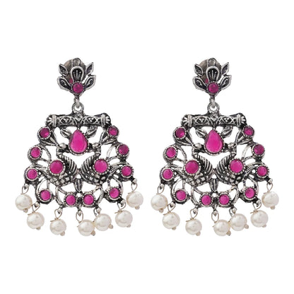 Peacock glow stone studded dangler earrings (Red) Dazzle Dash Jhumki earring (Sky Blue) Combo set