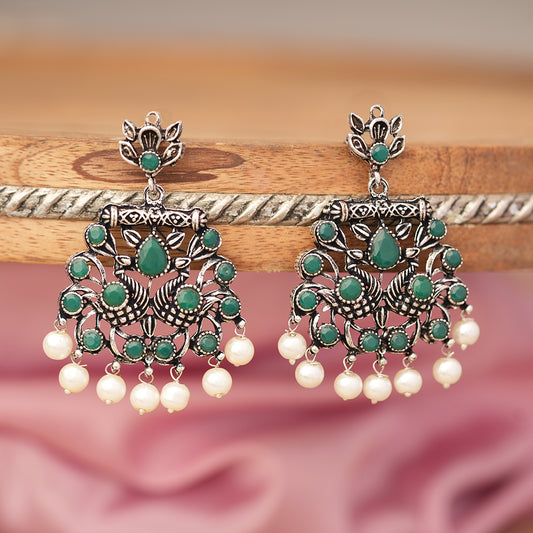 Peacock glow stone studded dangler earrings (Green)