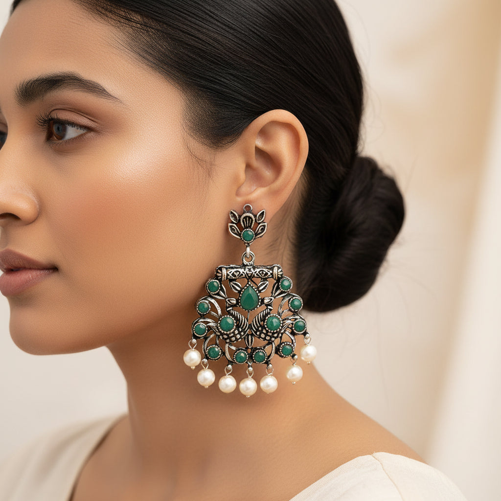 Peacock glow stone studded dangler earrings (Green)