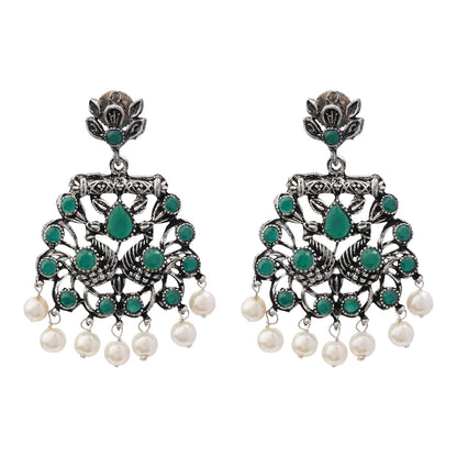 Peacock glow stone studded dangler earrings (Green) Dazzle Dash Jhumki earring (Sky Blue) Combo set