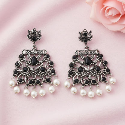 Peacock glow stone studded dangler earrings (Black)