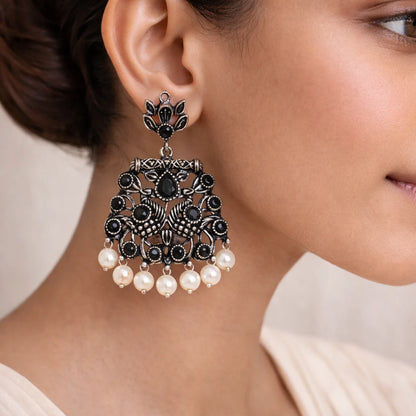 Peacock glow stone studded dangler earrings (Black) Dazzle Dash Jhumki earring (Mint) Combo set