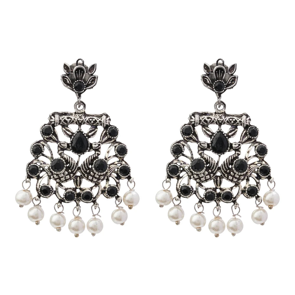 Peacock glow stone studded dangler earrings (Black) Dazzle Dash Jhumki earring (White) Combo set