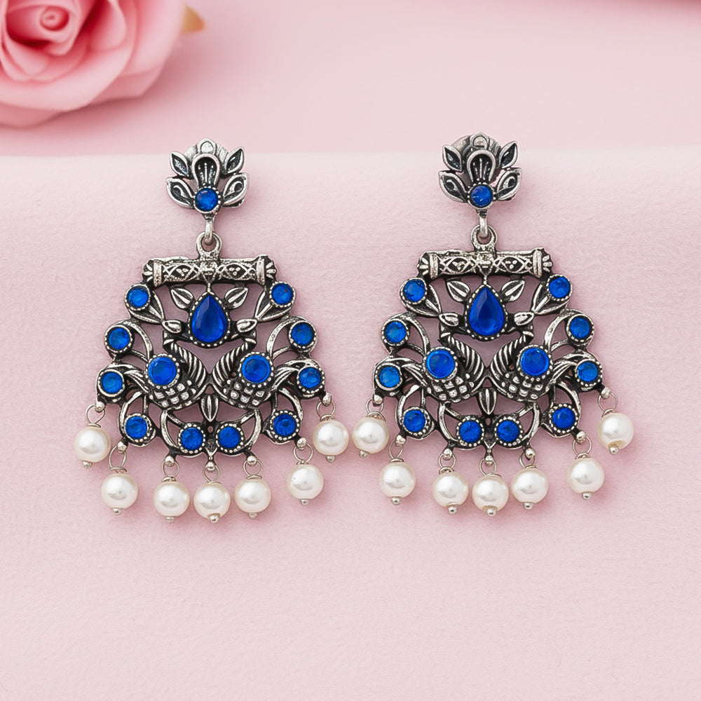 Peacock glow stone studded dangler earrings (Blue)