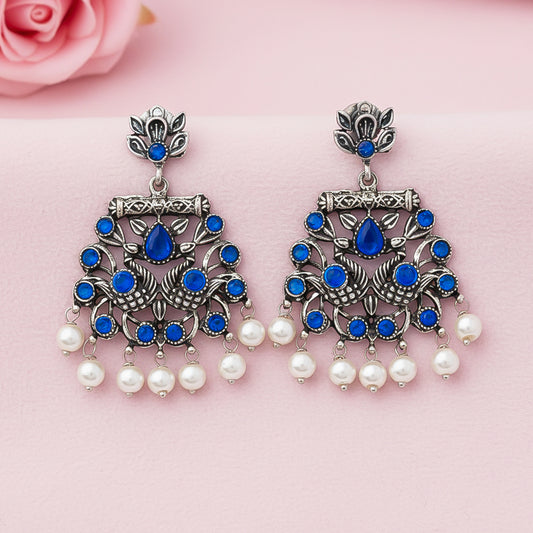 Peacock glow stone studded dangler earrings (Blue)