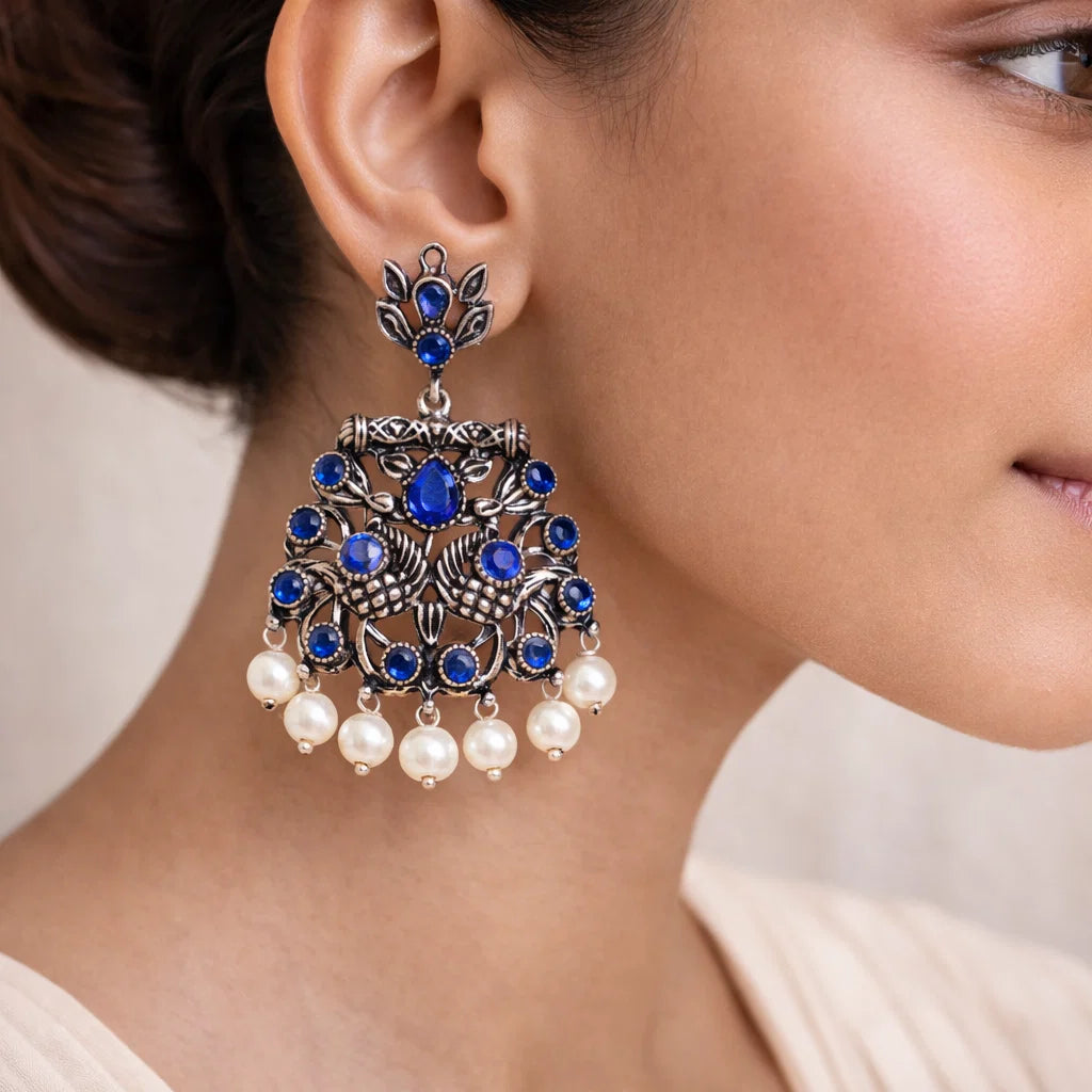 Peacock glow stone studded dangler earrings (Blue) Dazzle Dash Jhumki earring (Blue) Combo set
