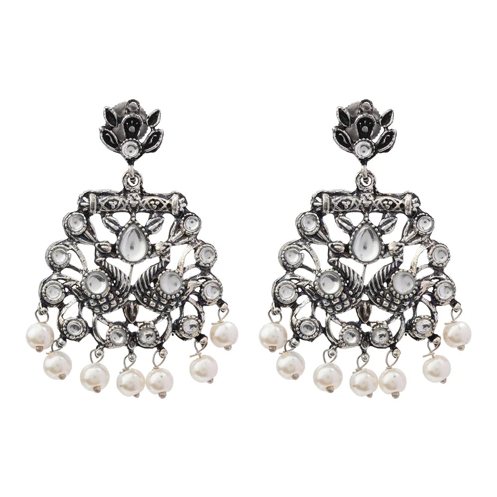 Peacock glow stone studded dangler earrings (White) Dazzle Dash Jhumki earring (White) Combo set