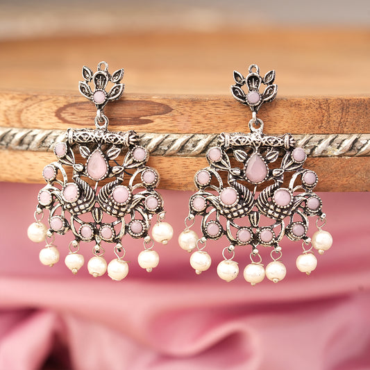 Peacock glow stone studded dangler earrings (Baby Pink)
