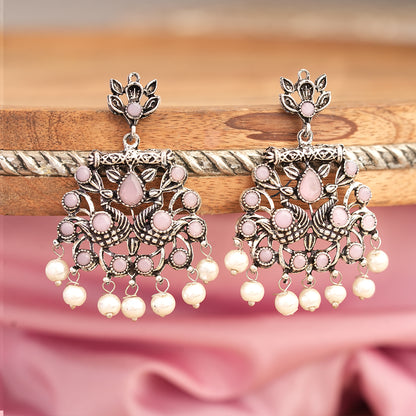Peacock glow stone studded dangler earrings (Baby Pink)