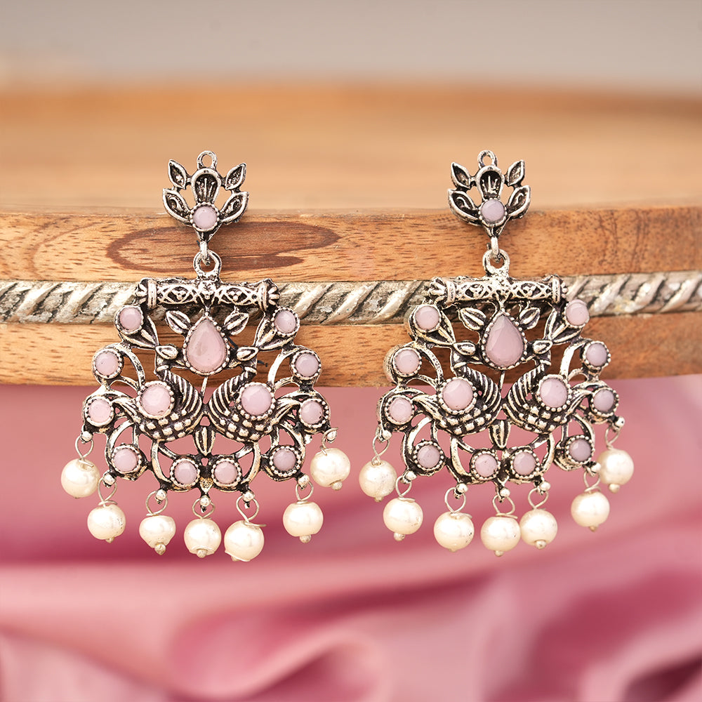 Peacock glow stone studded dangler earrings (Baby Pink)