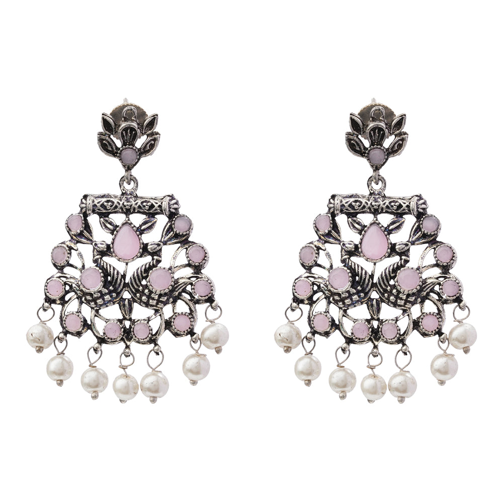 Peacock glow stone studded dangler earrings (Baby Pink)