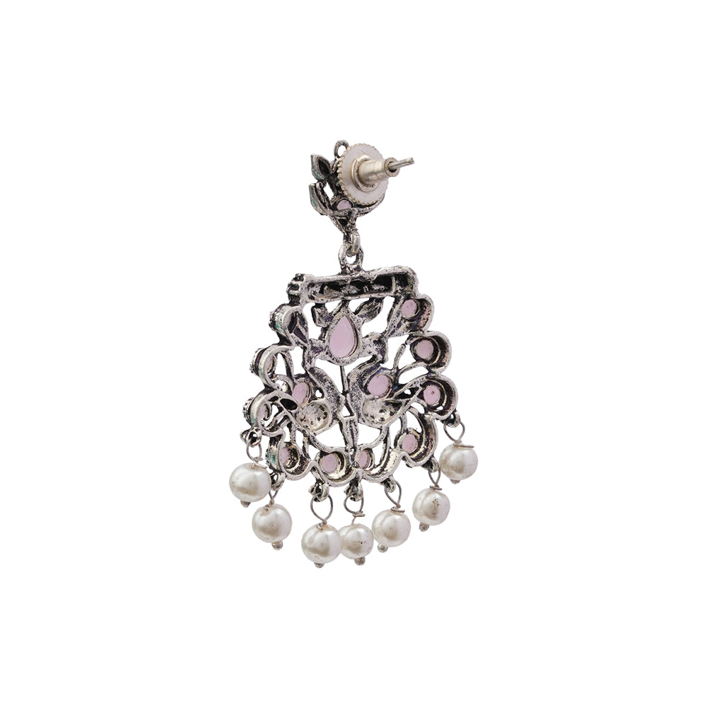 Peacock glow stone studded dangler earrings (Baby Pink)
