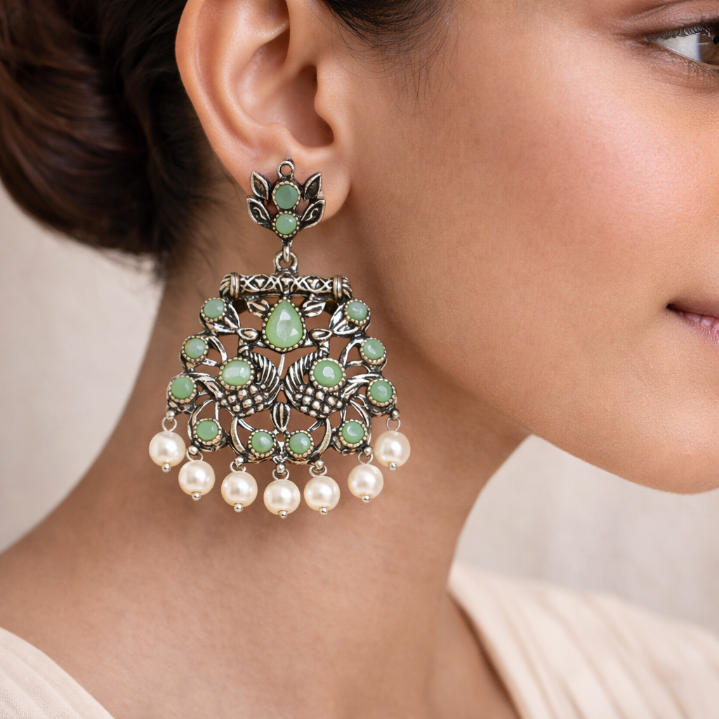 Peacock glow stone studded dangler earrings (Pista)