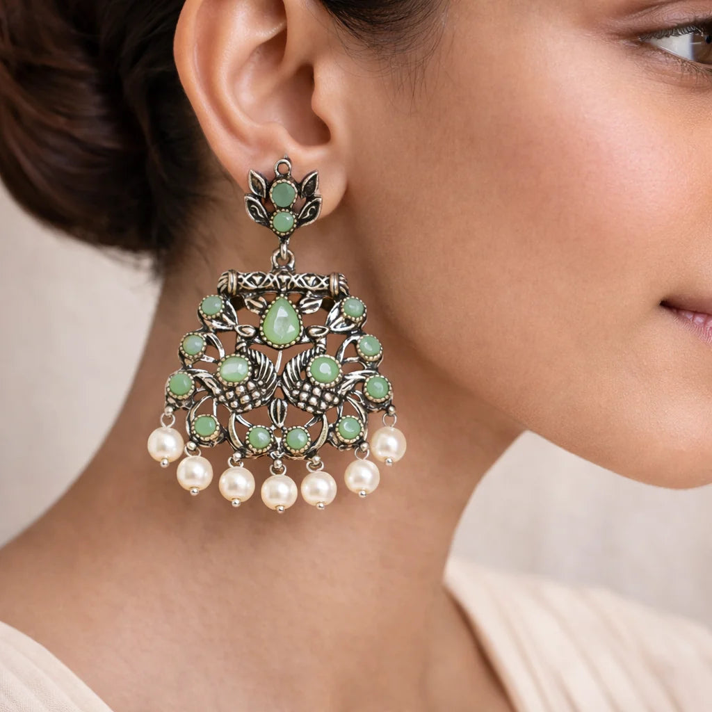 Dazzle Dash Jhumki earring (Sky Blue) Peacock glow stone studded dangler earrings (Pista) Combo set