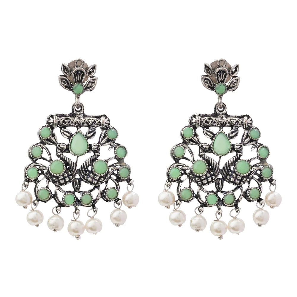 Dazzle Dash Jhumki earring (Sky Blue) Peacock glow stone studded dangler earrings (Pista) Combo set