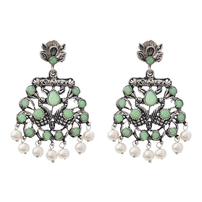 Dazzle Dash Jhumki earring (Sky Blue) Peacock glow stone studded dangler earrings (Pista) Combo set