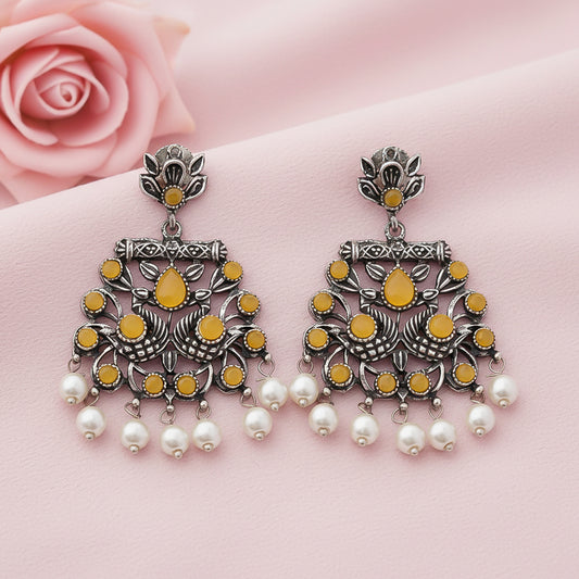 Peacock glow stone studded dangler earrings (Yellow)