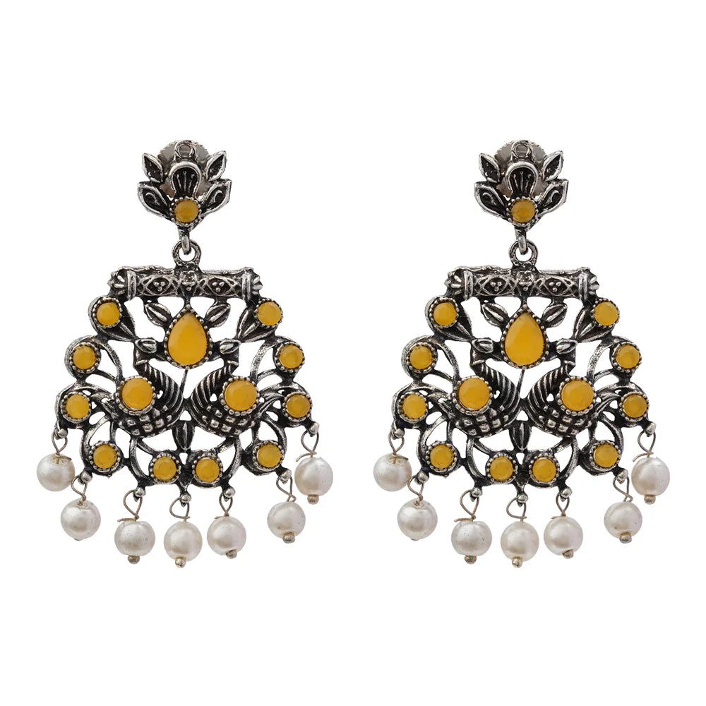 Dazzle Dash Jhumki earring (Multicolored) Peacock glow stone studded dangler earrings (Yellow) Combo set
