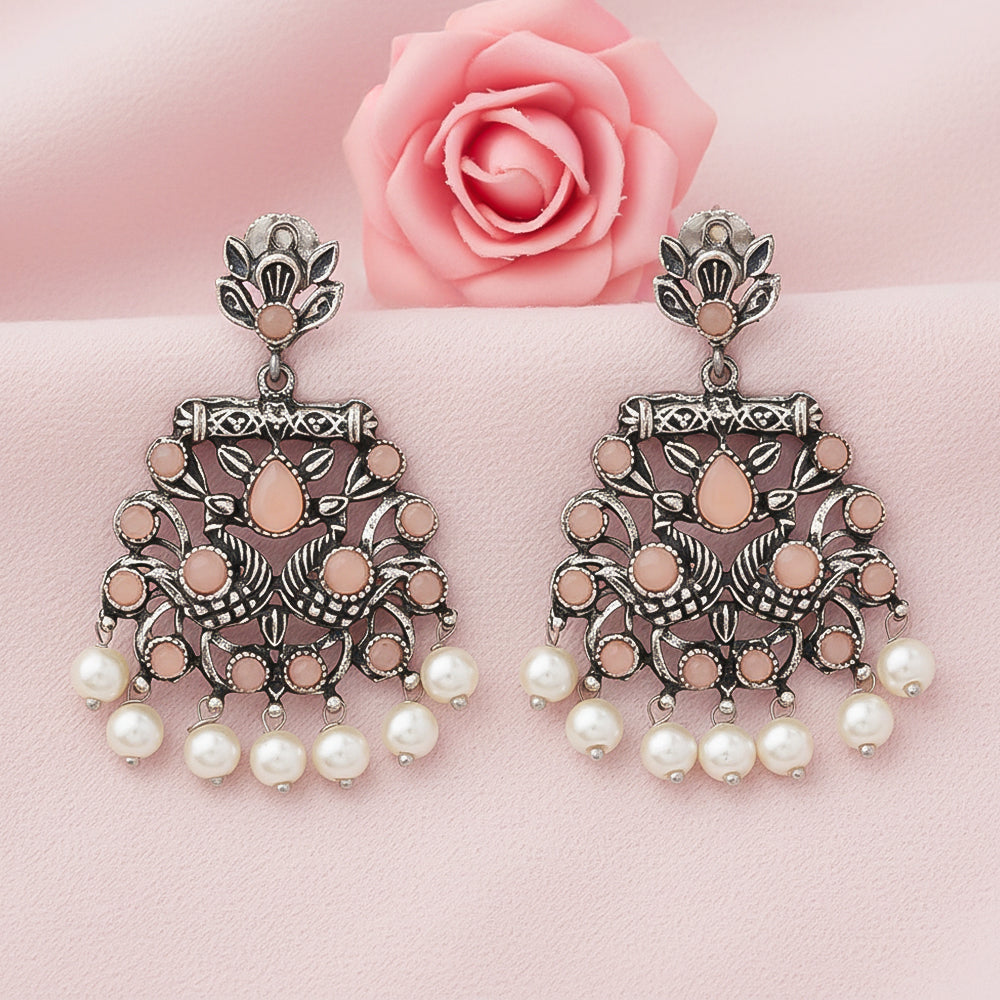 Peacock glow stone studded dangler earrings (Light Orange)