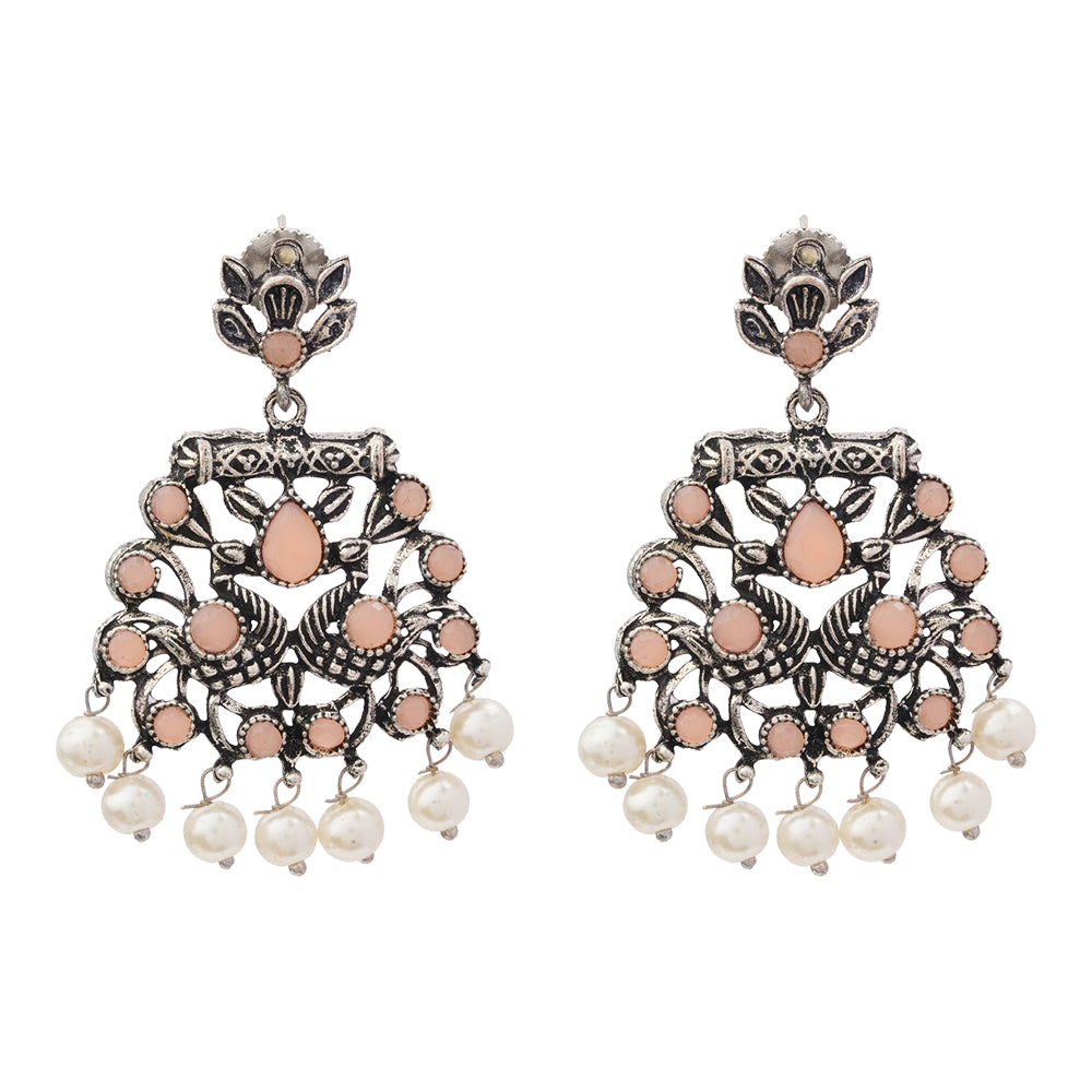 Peacock glow stone studded dangler earrings (Light Orange)