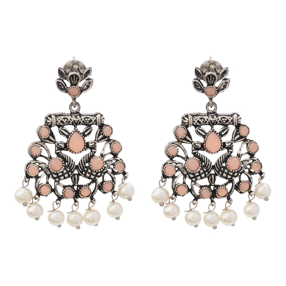 Dazzle Dash Jhumki earring (Baby Pink) Peacock glow stone studded dangler earrings (Light Orange) Combo set