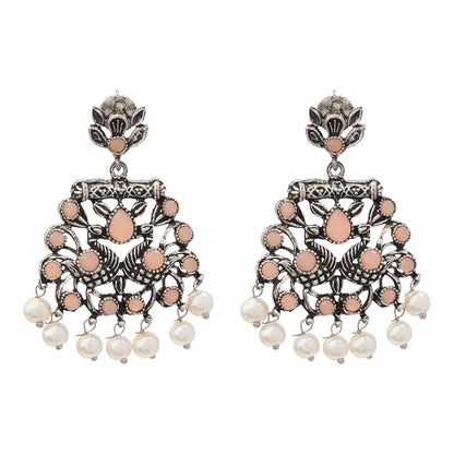 Dazzle Dash Jhumki earring (Baby Pink) Peacock glow stone studded dangler earrings (Light Orange) Combo set