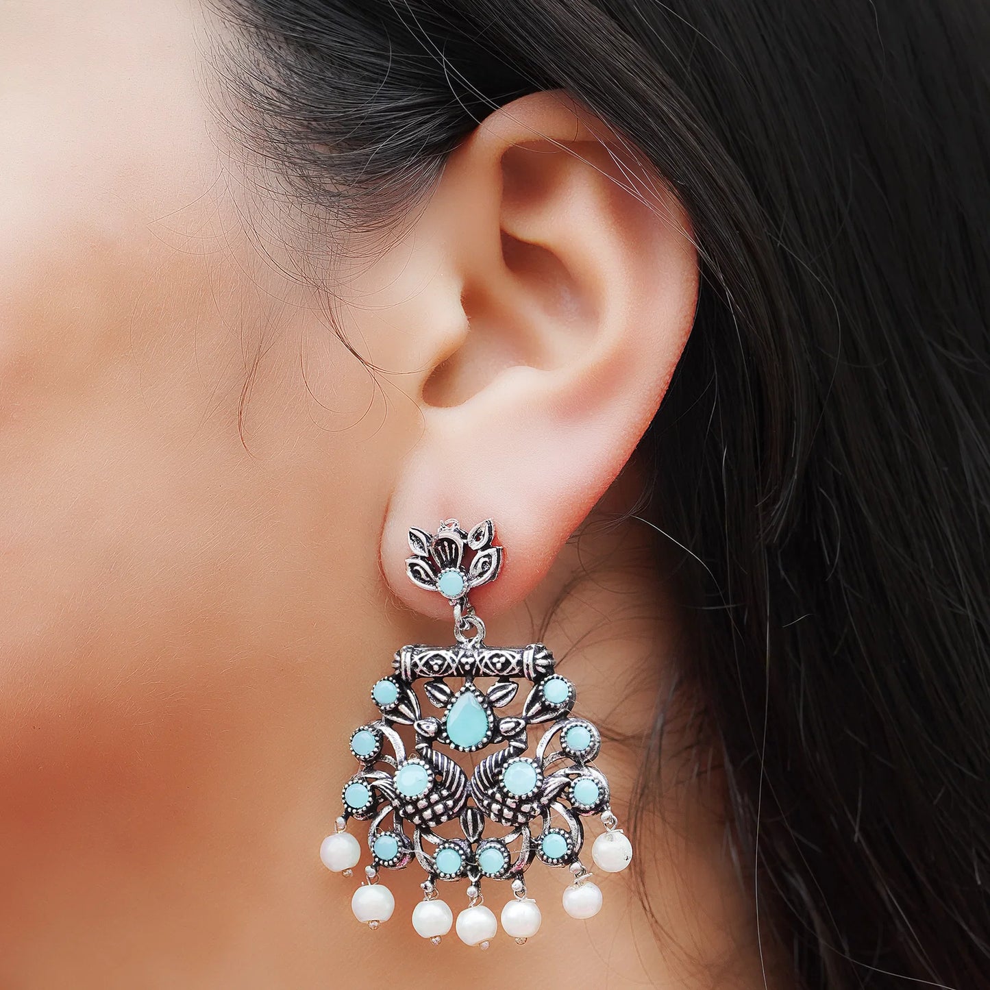 Kalash Kamal earring  Peacock glow stone studded dangler earrings (Mint) Combo