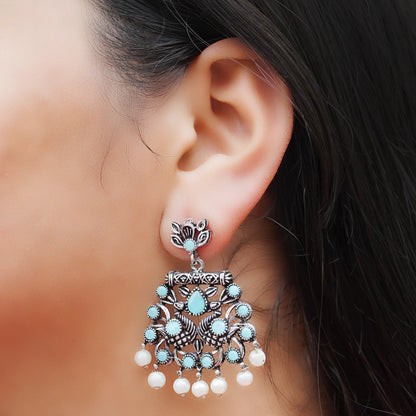 Kalash Kamal earring  Peacock glow stone studded dangler earrings (Mint) Combo