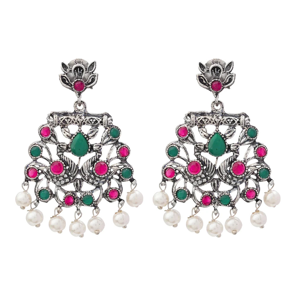 Royal Triple Bell Layered Jhumka Earring (Dark Maroon) Peacock glow stone studded dangler earrings (Multicolored) Combo set