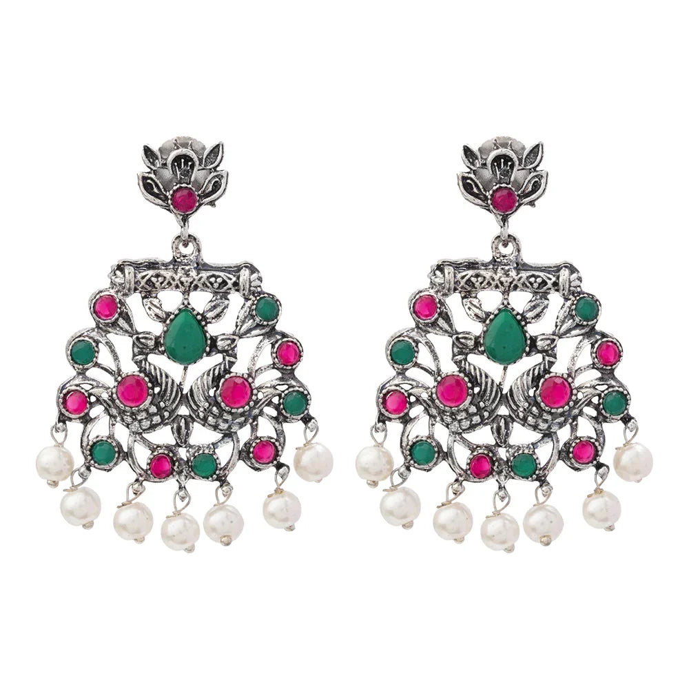 Peacock glow stone studded dangler earrings (Multicolored) Dazzle Dash Jhumki earring (White) Combo set