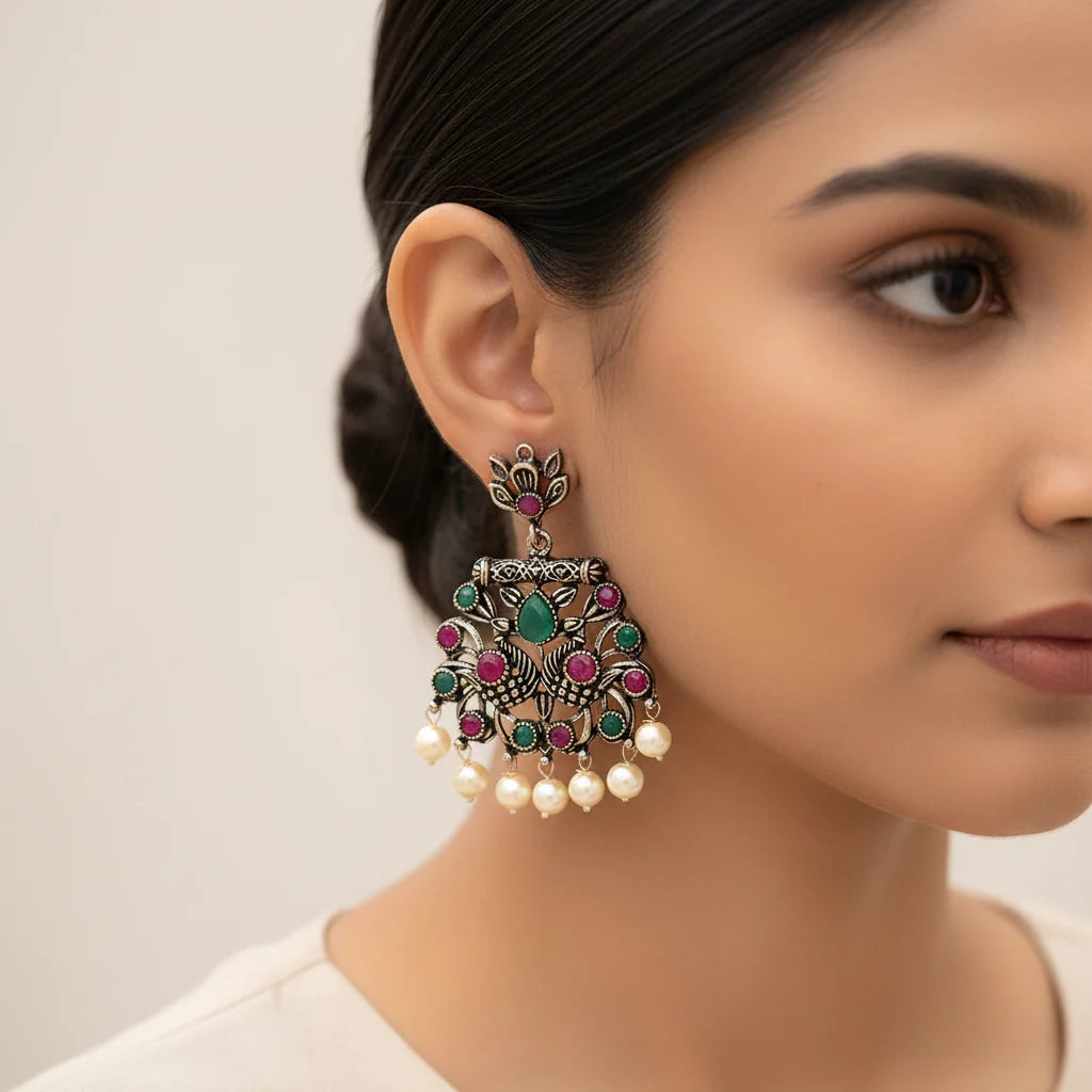 Peacock glow stone studded dangler earrings (Multicolored) Dazzle Dash Jhumki earring (White) Combo set