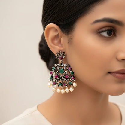 Peacock glow stone studded dangler earrings (Multicolored) Dazzle Dash Jhumki earring (White) Combo set
