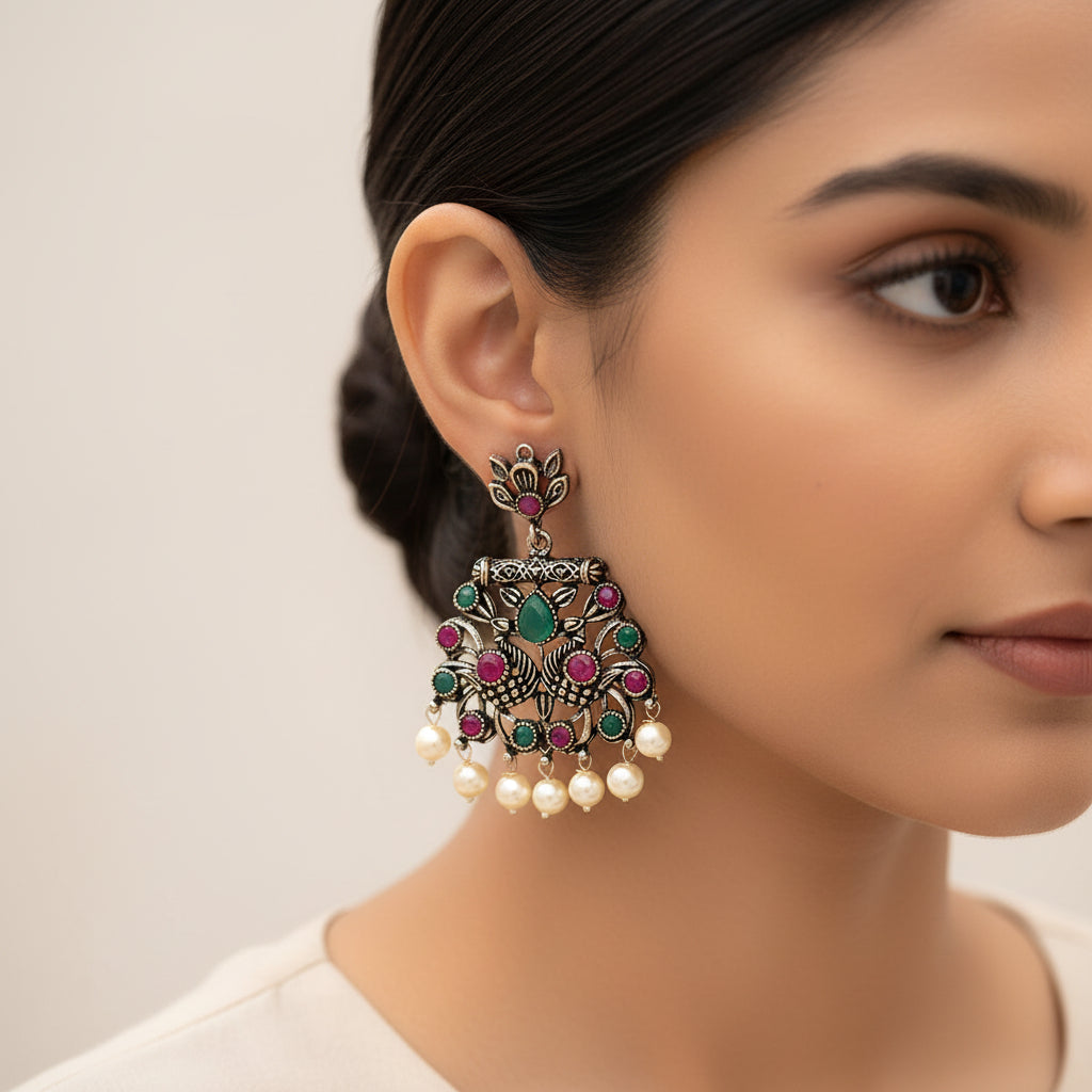 Peacock glow stone studded dangler earrings (Multicolored)&Meena Manjari stone stud earrings (Silver) Combo set