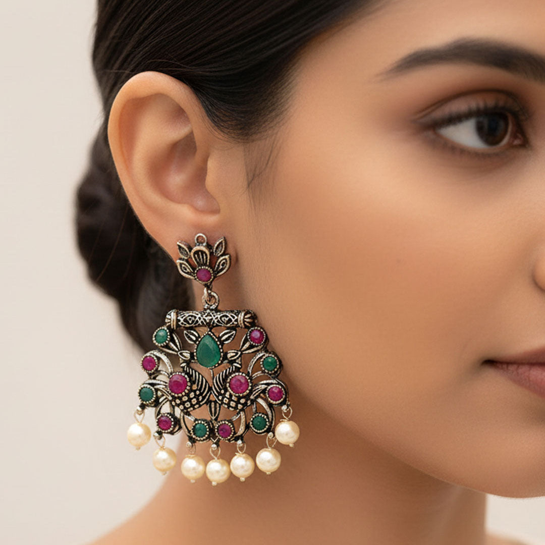 Royal Triple Bell Layered Jhumka Earring (Black) Peacock glow stone studded dangler earrings (Multicolored) Combo set