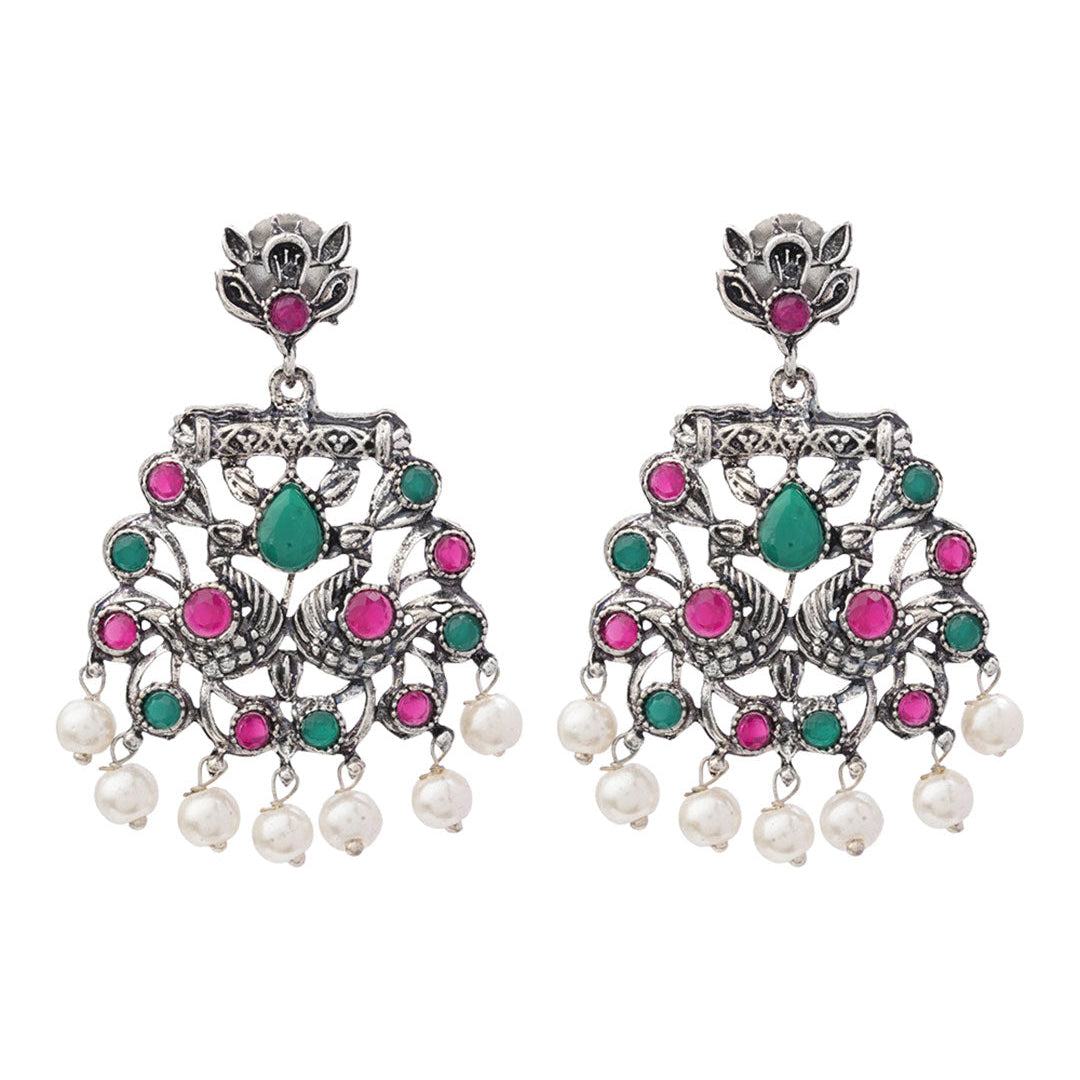 Royal Triple Bell Layered Jhumka Earring (Black) Peacock glow stone studded dangler earrings (Multicolored) Combo set