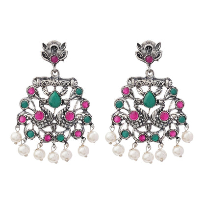 Royal Triple Bell Layered Jhumka Earring (Black) Peacock glow stone studded dangler earrings (Multicolored) Combo set