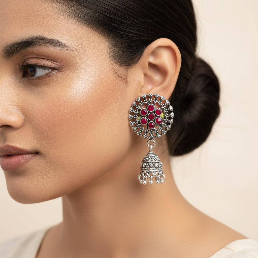 Red Stone Studded Oxidised Earrings With Hanging Jhumki