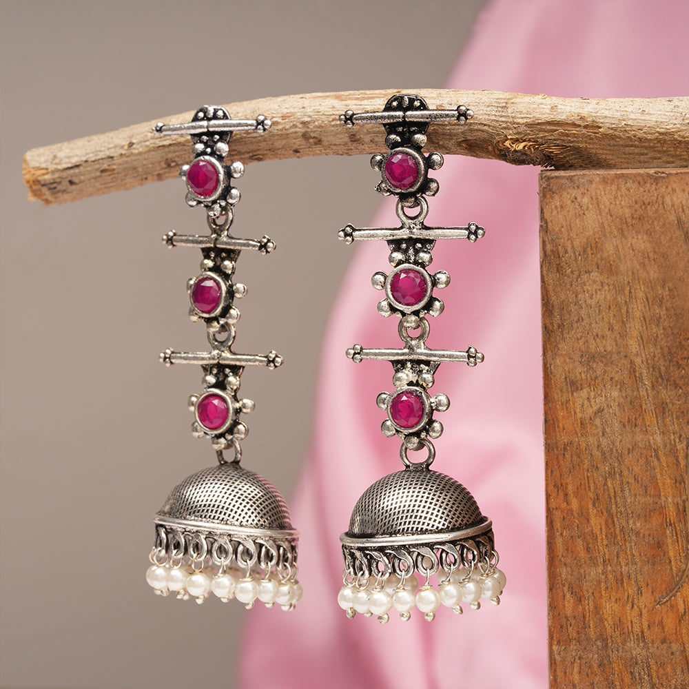Royal Triple Bell Layered Jhumka Earring (Red)