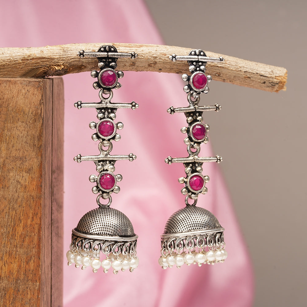 Royal Triple Bell Layered Jhumka Earring (Red)