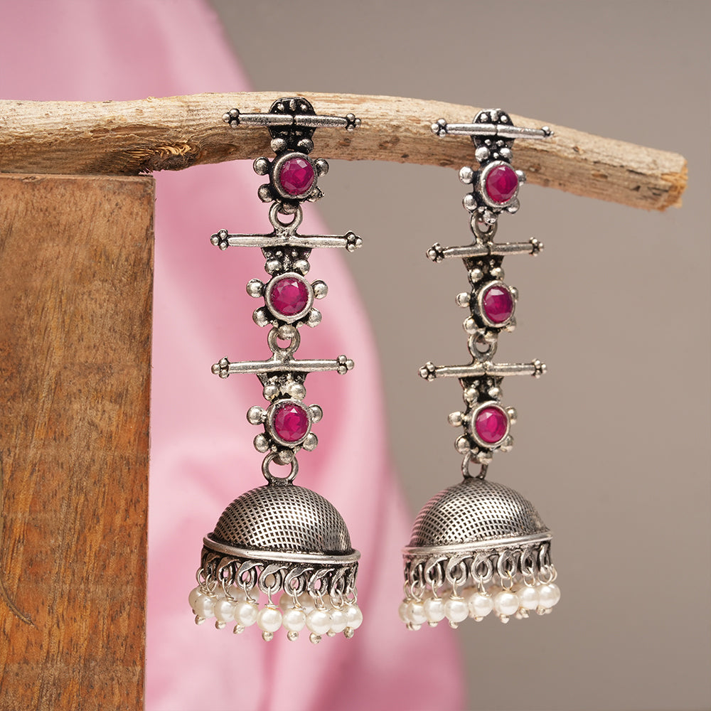 Royal Triple Bell Layered Jhumka Earring (Red)