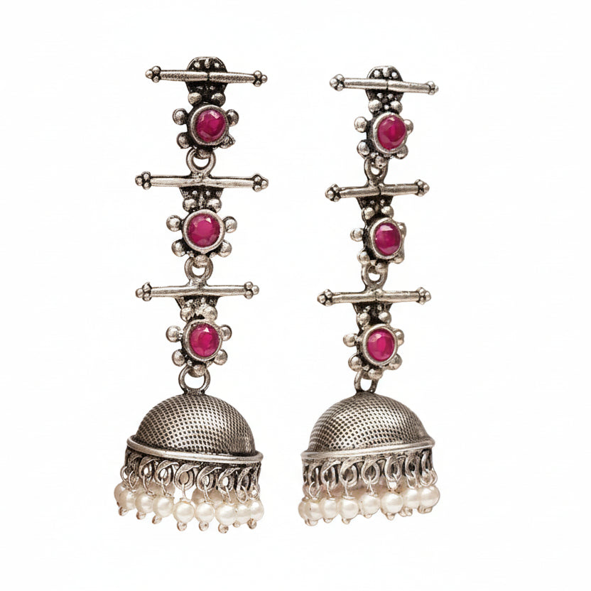 Royal Triple Bell Layered Jhumka Earring (Red)