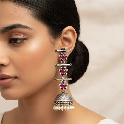 Royal Triple Bell Layered Jhumka Earring (Red) Dazzle Dash Jhumki earring (White) Combo set