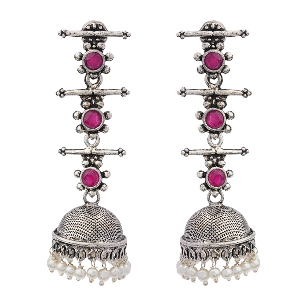 Royal Triple Bell Layered Jhumka Earring (Red)