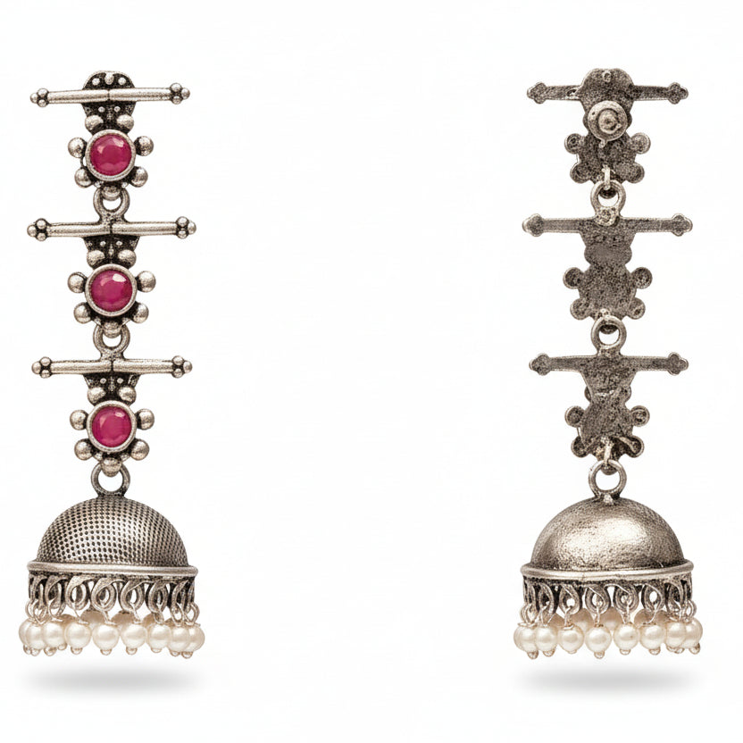 Royal Triple Bell Layered Jhumka Earring (Red)