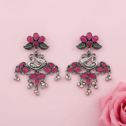 Pretty Peacock stone studded jhumka earring (Red)