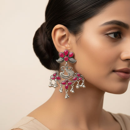 Pretty Peacock stone studded jhumka earring (Red)